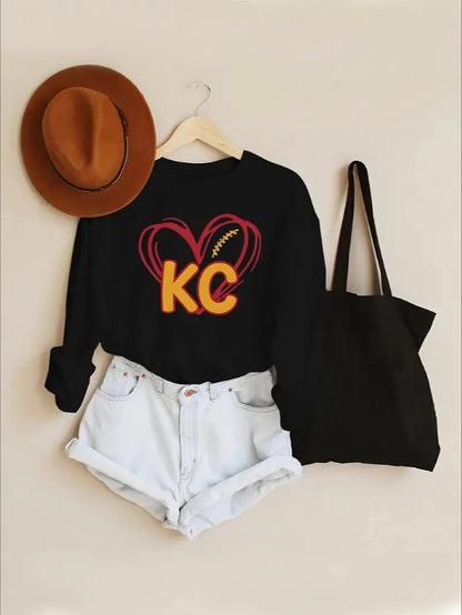 KC, Football Graphic Print T-Shirt - Crew Neck, A Comfortable Women's Short-sleeved Crew Neck T-shirt For Everyday Wear And Stylish Layering