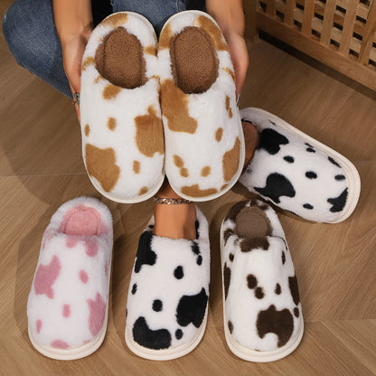 Cute Cow Spotted Plush Slippers Winter Warm Non-slip Bedroom Floor Fuzzy Slipper Couple Women House Shoes